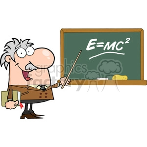 12832 RF Clipart Illustration Professor Pointing To Green Chalk Board With Einstein Formula E=mc2