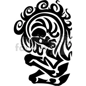 A black and white tribal-style clipart image featuring a stylized horse with intricate, flowing designs around it resembling flames or curly swirls. The skull's features are exaggerated, giving it a unique and artistic appearance.