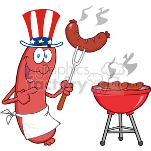 Happy Sausage With American Patriotic Hat Cook At Barbecue