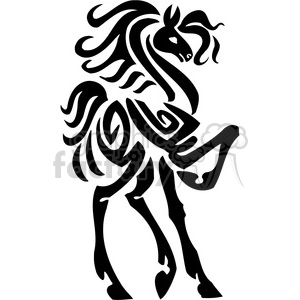 A stylized black and white tribal design of a horse.