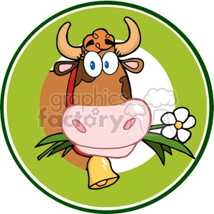 The image depicts a stylized, cheerful cartoon cow within a circular green frame. The cow is brown with a lighter snout, and it has a pair of large, exaggerated blue eyes. It is wearing a small yellow bell around its neck and happily chewing on a flower, presumably a daisy, which adds to the comical aspect of the image.