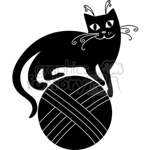 The clipart image features a stylized black cat sitting on top of a large yarn ball. The cat has whimsical, curly whiskers and tail, with ears pointed upward and eyes gazing forward. Both the cat and the yarn ball are depicted in white and black, emphasizing the silhouette and decorative aspects.