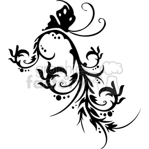 Ornate black and white clipart of a butterfly with intricate vine and swirl designs
