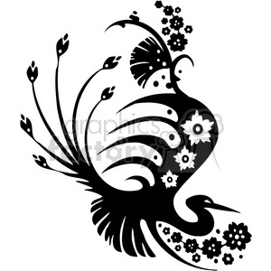 A black and white clipart image of a stylized bird with elaborate floral and abstract designs integrated into its body and tail. The bird appears elegant with flowing lines and detailed elements resembling flowers and feathers.
