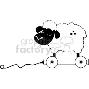 A black and white clipart image of a toy sheep on wheels with a pull string.