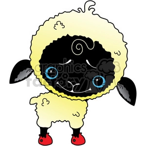 A cute cartoon sheep with a black face and ears, large blue eyes, and a fluffy yellow fleece, wearing red shoes and standing upright.