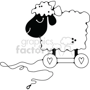 Black and white clipart image of a pull toy shaped like a sheep with a smiling face and a string attached. The toy is on wheels with heart designs.