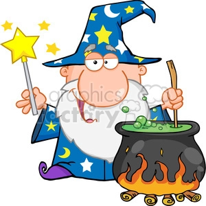 Cartoon Wizard with Magic Wand and Bubbling Cauldron