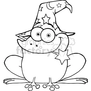 The image is a black and white line drawing of a comical frog wearing an exaggeratedly large wizard's hat adorned with stars. The frog has big, round, bulging eyes and a whimsical expression, which adds to the humorous and fantastical nature of the clipart.