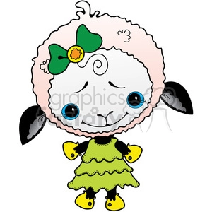Cute clipart of a smiling sheep dressed in a green dress with a green bow on its head, black ears, yellow mittens, and yellow shoes.