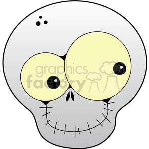A humorous clipart image of a skull with large round eyes and a simple, cartoonish design. The skull has exaggerated features, including two small dots on its forehead and a broad, stitched smile.