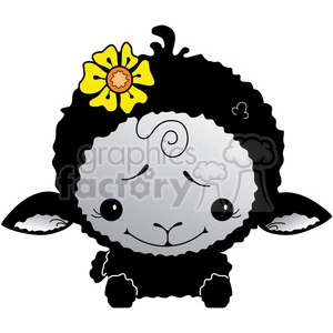 A cute clipart image of a black sheep wearing a yellow flower on its head. The sheep has a friendly expression with a curly tuft of wool on its forehead.