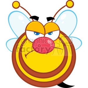 A cartoon illustration of an angry bee with exaggerated features, including large blue eyes, a red nose, prominent eyebrows, and wings.