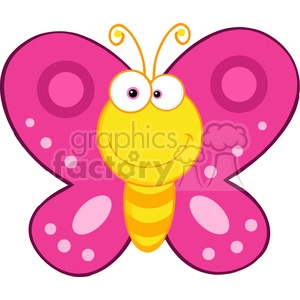 A cartoon illustration of a cute, smiling yellow butterfly with big eyes and pink wings.
