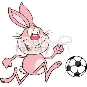 A playful cartoon pink bunny playing with a soccer ball.