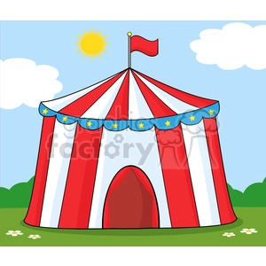 This clipart image depicts a colorful circus tent with red and white vertical stripes, a blue scalloped trim adorned with yellow stars, and a red flag at the top. The background features a sunny sky with clouds and greenery, as well as small flowers on the grass.