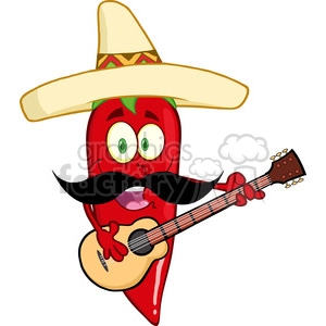 6780 Royalty Free Clip Art Red Chili Pepper Cartoon Character With Mexican Hat And Mustache Playing A Guitar