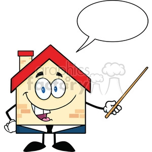 6469 Royalty Free Clip Art Business House Cartoon Character Holding A Pointer With Speech Bubble
