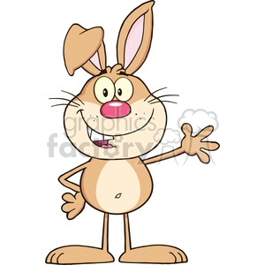 A cheerful cartoon rabbit standing upright, waving with a wide smile and a friendly expression.