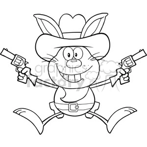 Royalty Free RF Clipart Illustration Black And White Cowboy Rabbit Cartoon Character Holding Up Two Revolvers