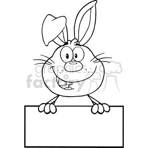 A black and white clipart image of a cartoon rabbit wearing a hat and holding a blank sign.