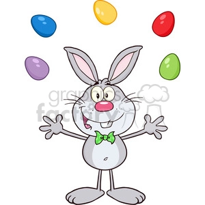 Royalty Free RF Clipart Illustration Cute Gray Rabbit Cartoon Character Juggling With Easter Eggs