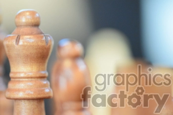 Close-up image of wooden chess pieces including the king focused in the foreground with a blurred background.