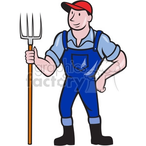 The clipart image depicts a retro-style farmer or rancher, holding a pitchfork in front of his body. He is wearing a cowboy hat and boots, and appears to be standing in a field or on a ranch. The image suggests themes of farming, agriculture, ranching, and organic food production.