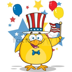 Royalty Free RF Clipart Illustration Patriotic Yellow Chick Cartoon Character Waving An American Flag On Independence Day Vector Illustration Isolated On White