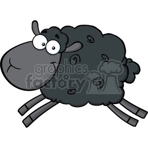 The clipart image depicts a cartoon sheep with a humorous expression. The sheep has a large, fluffy black body with swirl patterns, an oversized head with a goofy grin, and large, round eyes. Its legs are short and stick out from the round body, adding to the whimsical look.