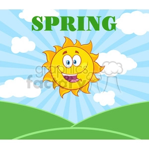 royalty free rf clipart illustration sunshine happy sun mascot cartoon character over landscape vector illustration with suburst background and text spring