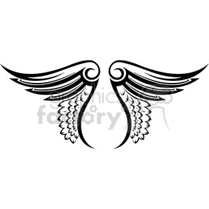 A black and white clipart image of stylized angel wings with intricate details and curved lines.