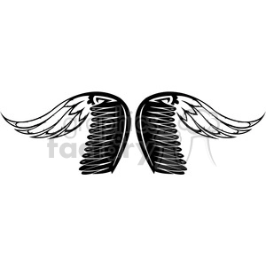 A black and white clipart image of a pair of bird wings. The wings are symmetrical and feature intricate feather details, giving a stylized and artistic appearance.