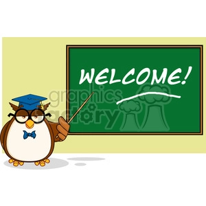 Illustration Wise Owl Teacher Cartoon Mascot Character In Front Of School Chalk Board With Text