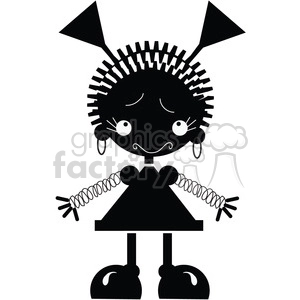 A whimsical black and white clipart illustration of a quirky robot-like character with springy arms, large shoes, spiky hair, and hoop earrings.