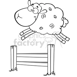This clipart image features a humorous drawing of a sheep that has leaped and is mid-air above a fence. The sheep is stylized, with an exaggerated fluffy body, a simplistic face with large eyes and a smile, and its legs stretched out horizontally as if it were flying over the fence.