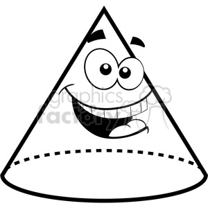 Black and white clipart of a smiling cartoon cone with big eyes, eyebrows, and a wide grin.