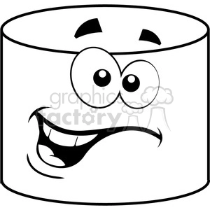 A black and white clipart image of a cylindrical object with a cartoon face, featuring large eyes, a smiling mouth, and raised eyebrows.