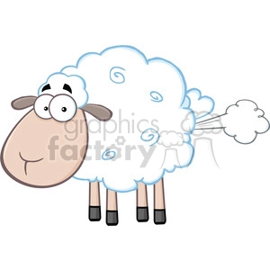 The image is a cartoon clipart of a sheep. The sheep has a fluffy white body with blue swirls, symbolizing wool, a large beige face with big googly eyes creating a humorous expression, and a cloud of gas coming from its rear, indicating it is passing gas. The sheep's legs are skinny with black hooves.