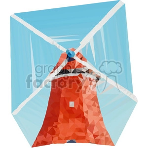 Polygonal clipart illustration of a red windmill with white sails against a blue sky.