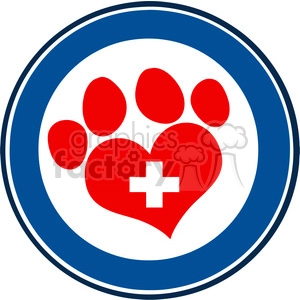 The image shows a symbol combining a paw print and a red heart with a white medical cross on it. The symbol is enclosed within a circular border of blue and white. This icon might represent animal care, veterinary services, or love for pets.