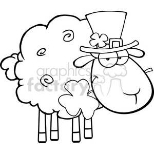 The clipart image depicts a comical, cartoon-style sheep. The sheep is characterized by a fluffy body with swirl patterns suggesting wool, and it is adorned with a tall top hat and glasses. Both the hat and the sheep's cheek feature a clover, which could imply a theme related to Irish culture or a celebration like St. Patrick's Day.