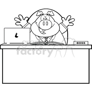 Funny Cartoon Boss Pig at Desk with Laptop