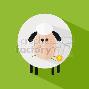 The image is a simple and flat design clipart depiction of a sheep or lamb. It features a round shape representing the body of the sheep with exaggerated white fluffy wool, black limbs, and ears with a peach-colored face, complete with two black dots for eyes. The sheep also has a small yellow flower with an orange center in its mouth, adding to the cute and humorous appeal of the imagery.