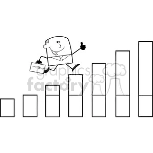 Royalty Free RF Clipart Illustration Black And White Businessman Giving A Thumb Up And Running Over Growing Bar Chart Cartoon Character