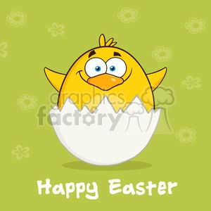 8598 Royalty Free RF Clipart Illustration Surprise Yellow Chick Cartoon Character Out Of An Egg Shell Vector Illustration Isolated On White With Text