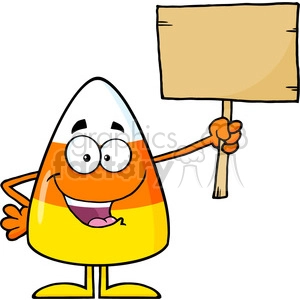 8879 Royalty Free RF Clipart Illustration Funny Candy Corn Cartoon Character Holding A Wooden Board Vector Illustration Isolated On White