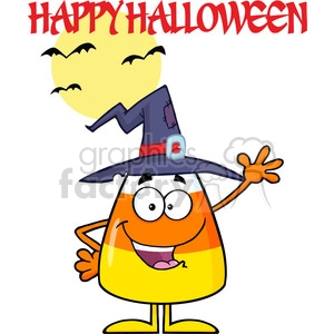 8887 Royalty Free RF Clipart Illustration Happy Candy Corn Cartoon Character With A Witch Hat Waving Vector Illustration Isolated On White And Text