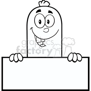 8477 Royalty Free RF Clipart Illustration Black And White Smiling Sausage Cartoon Character Over A Blank Sign Vector Illustration Isolated On White