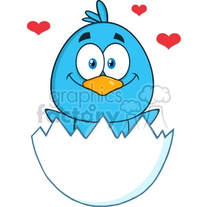8810 Royalty Free RF Clipart Illustration Happy Blue Bird Cartoon Character Hatching From An Egg With Hearts Vector Illustration Isolated On White